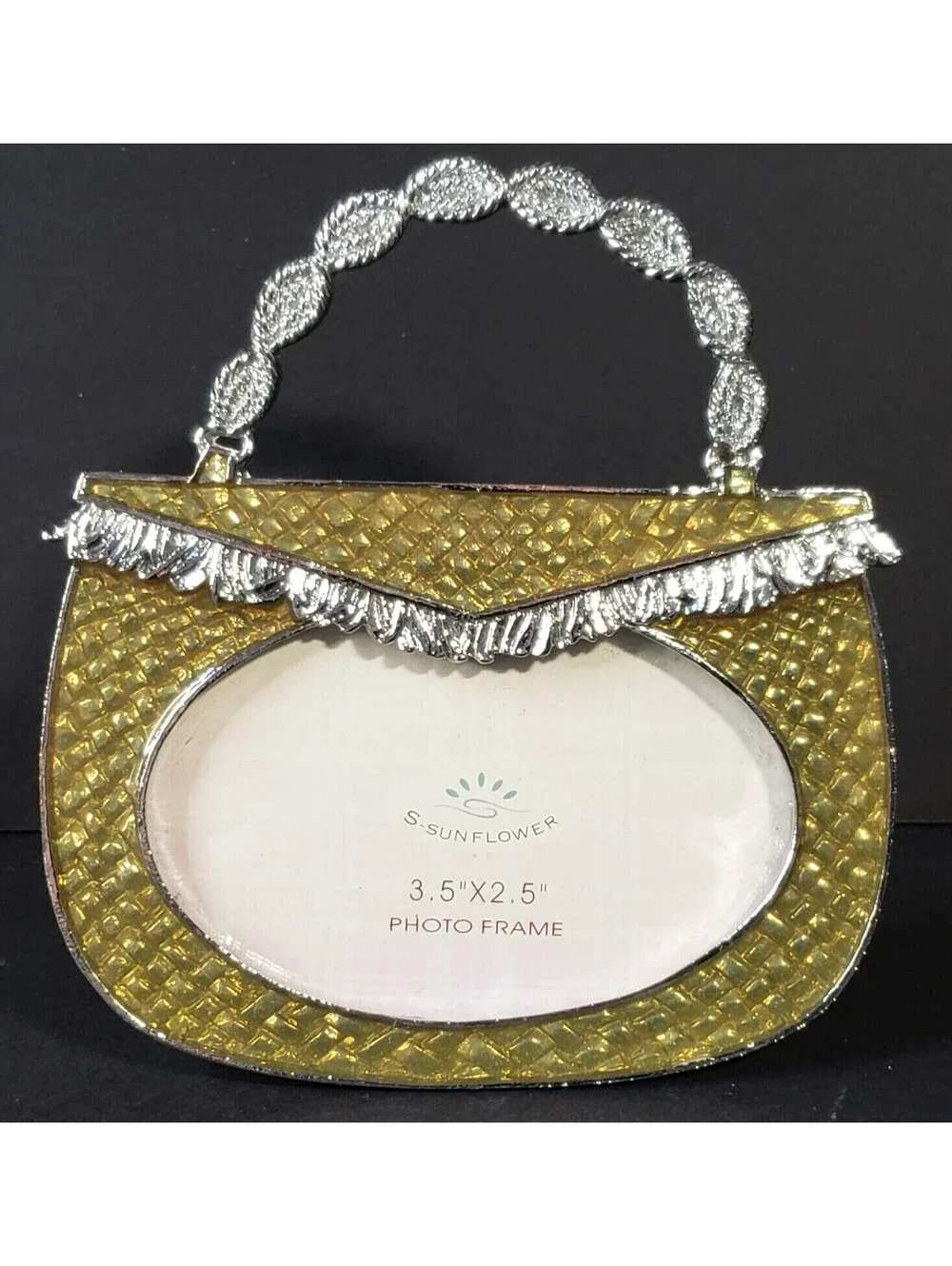 S. Sunflower Metal Gold Enamel Purse Photo Frame Handbag 3.5 x 2.5 Picture Easel